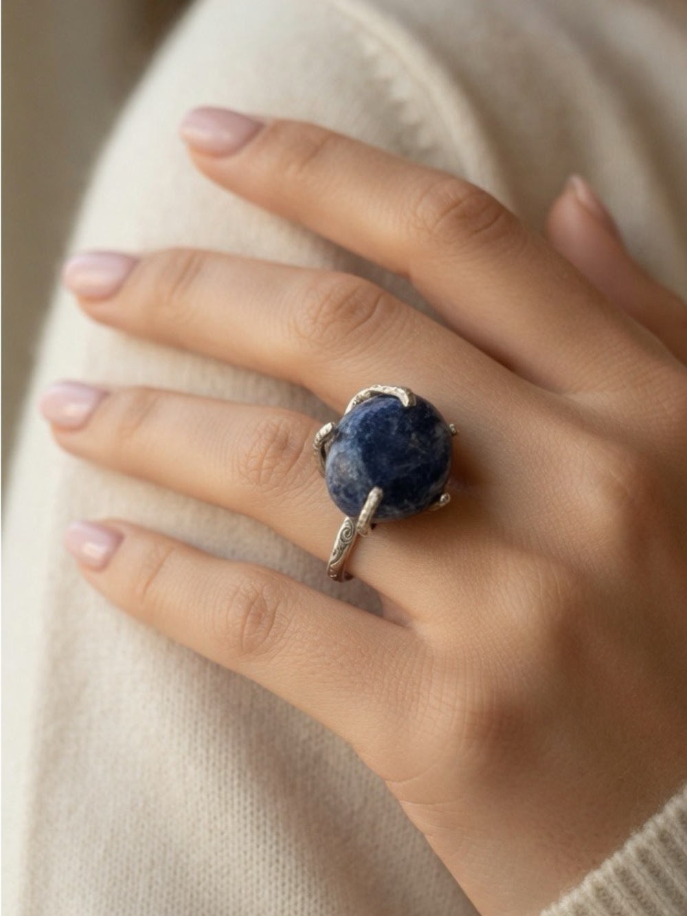 Deep Blue Lapis Round Gemstone - 925 Sterling Silver Adjustable Ring